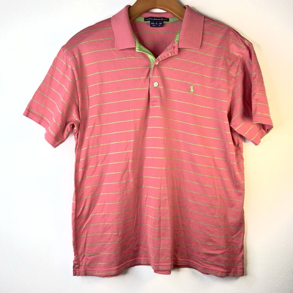 RALPH LAUREN Sport Women Pink "Slim Fit" Striped Polo Shirt Size Large